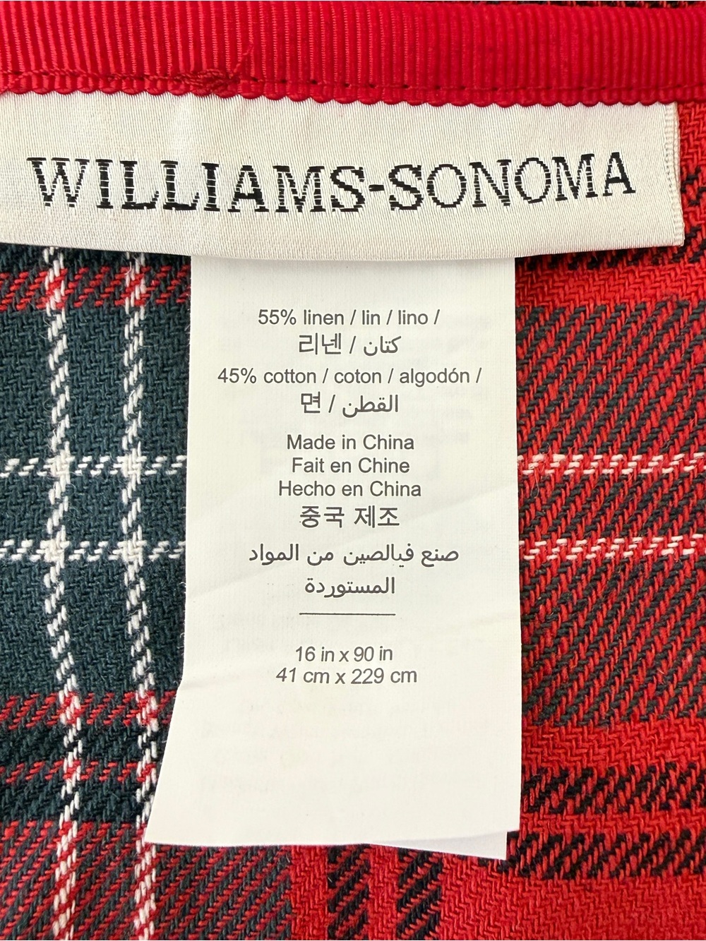 Williams Sonoma Tartan Plaid Table Runner 16 x 90 Red Linen Cotton Christmas - Picture 5 of 6